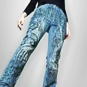 Gothic & grubge artist's Heaven and Hell hand-painted light wash skinny jeans